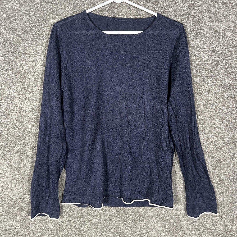 Ermenegildo Zegna Sweater Womens Size M Blue Linen Crewneck Knit Pullover Ruffle